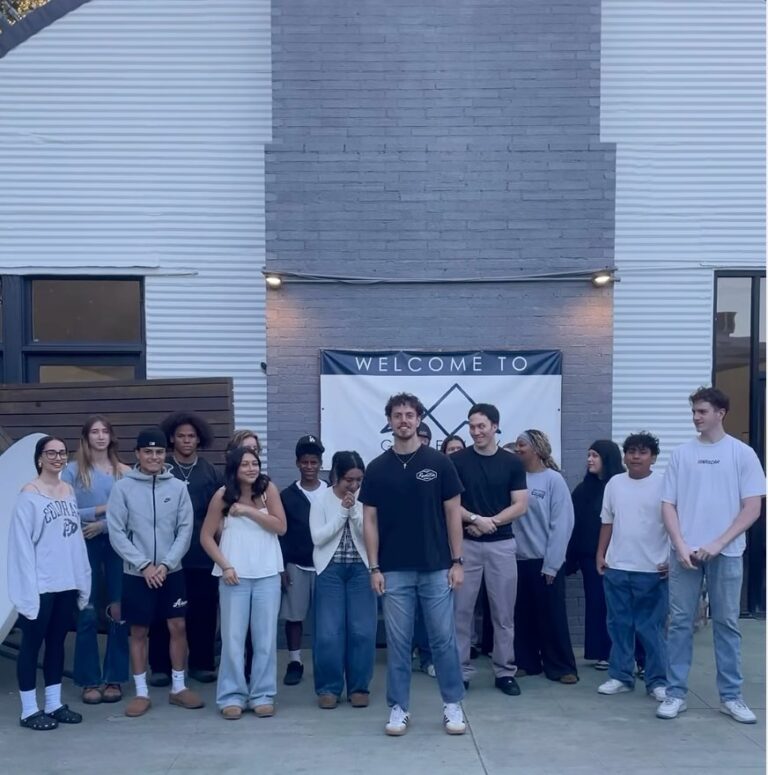 The Gateway youth group standing together outside the church